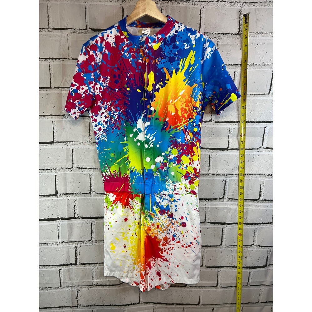 Paint Splatter Romper Short Sleeve Jumpsuit Multi Color Costume Pockets Small